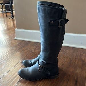 Madden girl tall dark grey/ black distressed knee high boots with red zipper